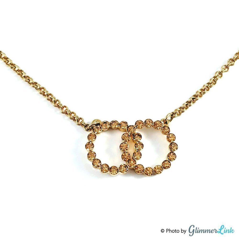 Vintage Liz Claiborne Interlocking Circles Gold Tone Necklace Rhinestone Pendant